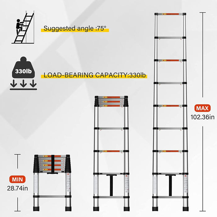 Simple Deluxe Telescoping Ladder 8. 5Ft Aluminum One Button Retraction Extension System For Indoor And Outdoor Use, 330Lb Load Capacity (Hiladrtelescopic102)
