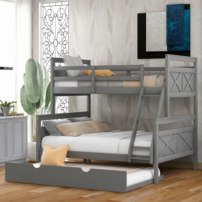 Twin Over Full Bunk Bed With Ladder, Twin Size Trundle, Safety Guardrail, Gray