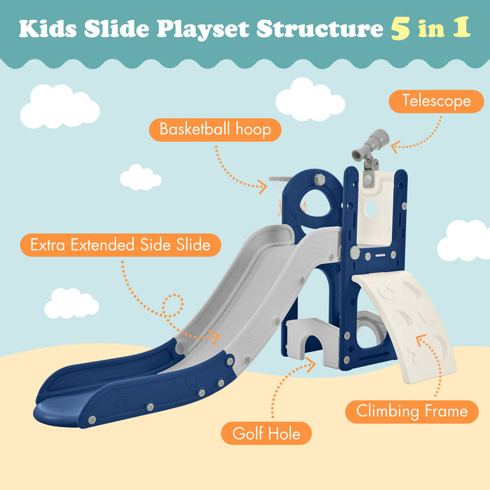 Kids Slide Playset Structure 5 In 1, Freestanding Spaceship Set With Slide, Telescope And Basketball Hoop, Golf Holes For Toddlers, Kids Climbers Playground - Blue / Grey
