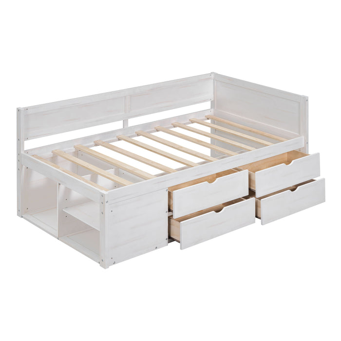 Twin Size Daybed With Drawers And Shelves, White