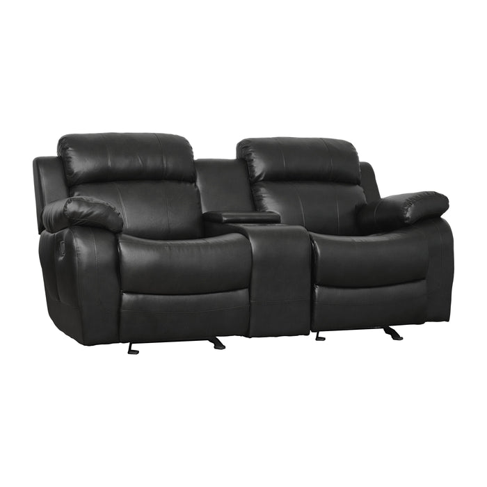 Double Glider Reclining Love Seat With Center Console Black Faux Leather Upholstered Contemporary Living Room Furniture