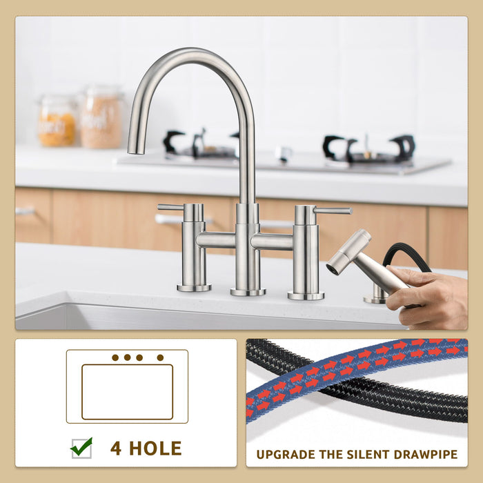 Double Handle Bridge Kitchen Faucet With Side Spray - Silver