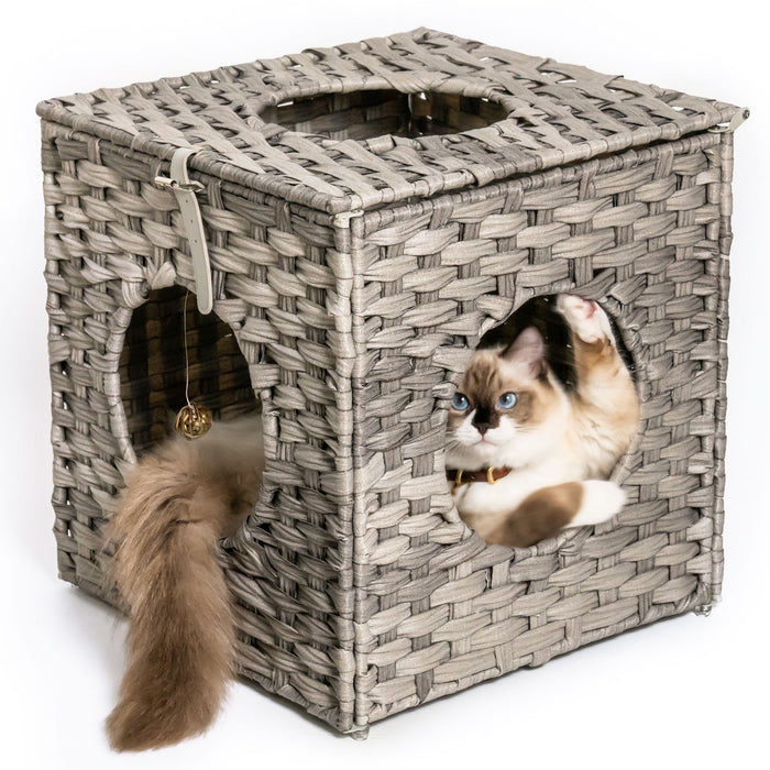 Rattan Cat Litter, Cat Bed With Rattan Ball And Cushion, Gray
