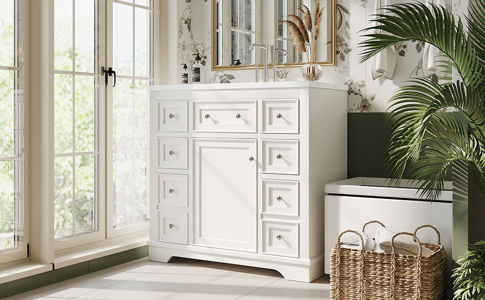 36" Bathroom Vanity With Sink Combo, One Cabinet And Six Drawers, Solid Wood And MDF Board, White