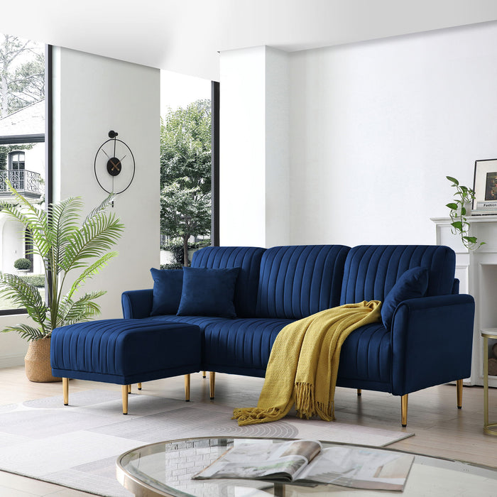 Modern Velvet Upholstered Reversible Sectional 3 Seat Sofa, L-Shaped Couch With Movable Ottoman And Gold Legs For Living Room - Blue