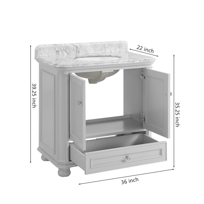 36'' Bathroom Vanity With Carrara Natural Marble Top And Backsplash, Bathroom Storage Cabinet With Doors And Drawers In Gray