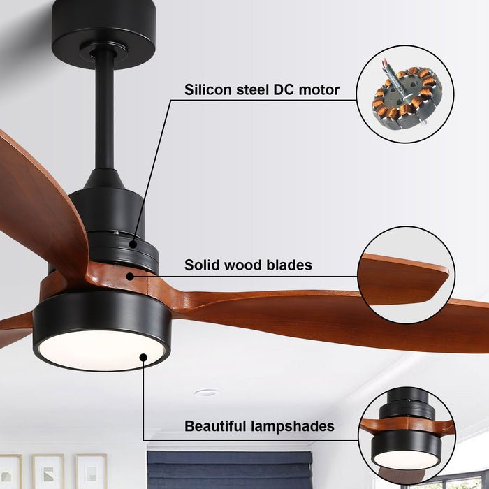 Wooden Ceiling Fan With 3 Solid Wood Blades Remote Control Reversible Dc Motor With LED Light