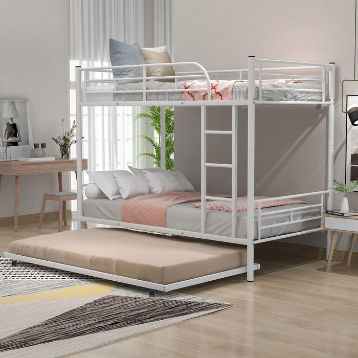 Twin Over Twin Metal Bunk Bed With Trundle, Can Be Divided Into Two Beds, No Box Spring Needed, White