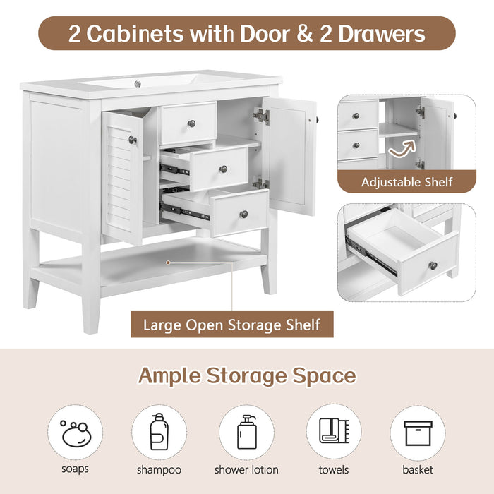 36" Bathroom Vanity Without Sink, Cabinet Base Only, Two Cabinets And Drawers, Open Shelf, Solid Wood Frame, White