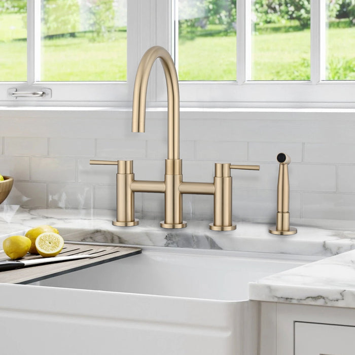 Double Handle Bridge Kitchen Faucet With Side Spray - Gold