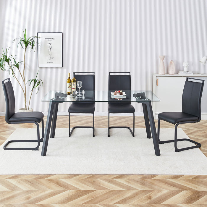 Table And Chair Set, 1 Table And 4 Chairs, Rectangular Glass Dining Table, Tempered Glass Tabletop And Black Coated Metal Legs, Paired With Black PU Chairs