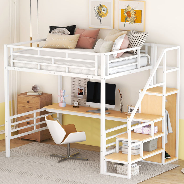 Full Size Metal Loft Bed With Desk, Storage Staircase And Small Wardrobe, Storage Stairs Can Be Installed Left And Right, White