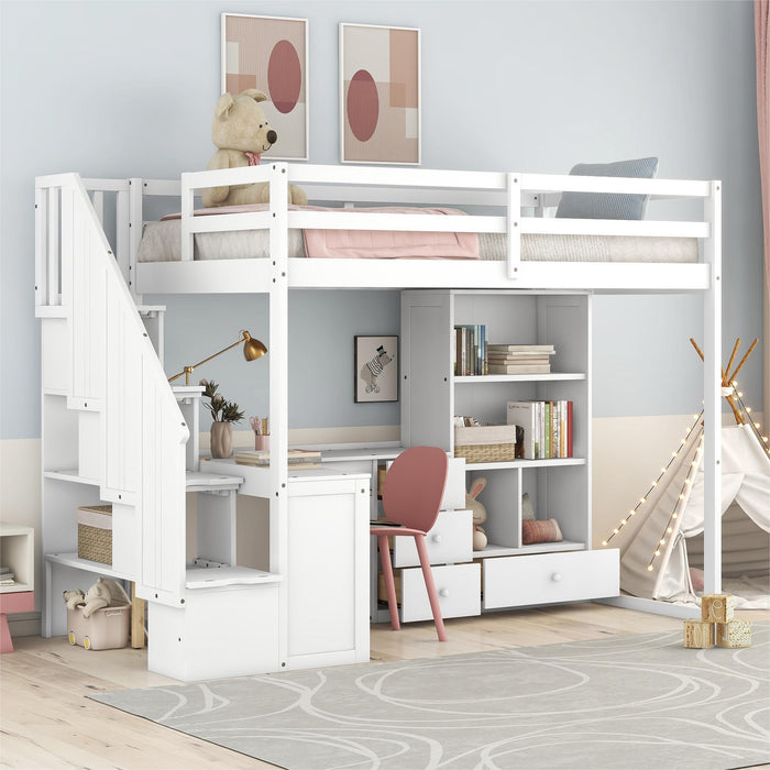 Twin Size Loft Bed With L-Shaped Desk And Drawers, Cabinet And Storage Staircase, White