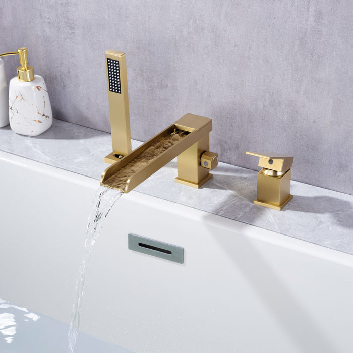 Bathroom Contemporary Waterfall Bathtub Faucet Roman Tub Filler Widespread Faucet With Handheld Shower More Long Spout Single Handle 3 Hole Deck Mount - Brushed Gold