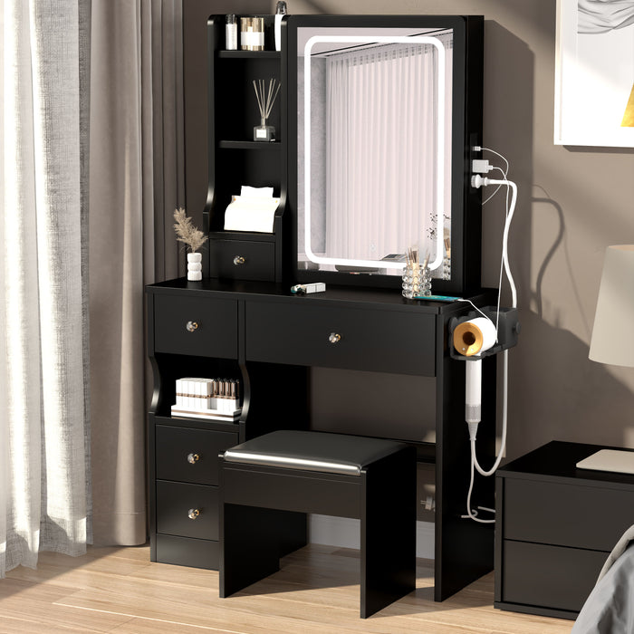 Left Drawer Desktop Vanity Table / Cushioned Stool, With 2 AC / 2 USB Socket, Extra Large Sliding LED Mirror, Touch Control, Tri-Color, Brightness Adjustable, Large Size Desktop, Multi-Layer Storage - Black
