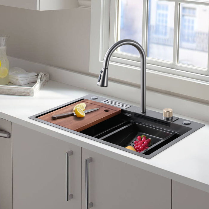 Kitchen Sink Flying Rain Waterfall Kitchen Sink Set 30"X 18" Stainless Steel Sink With Pull Down Faucet