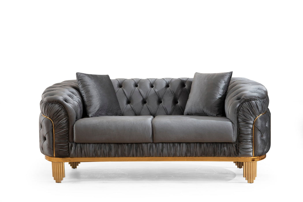 Vanessa Loveseat Livingroom Set In Gray And Gold With Fabric Button Tufted Velvet Upholstery Finish