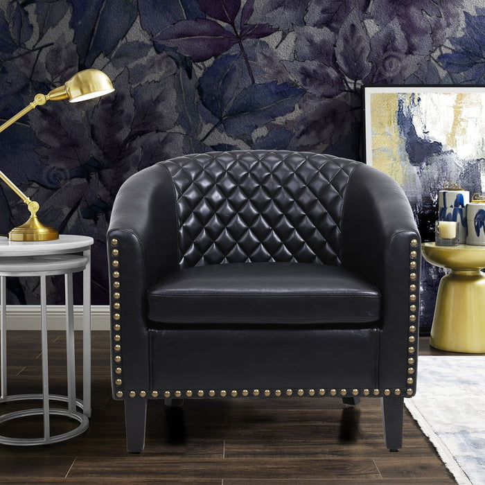 Coolmore Accent Barrel Chair With Nailheads And Solid Wood Legs Black PU Leather