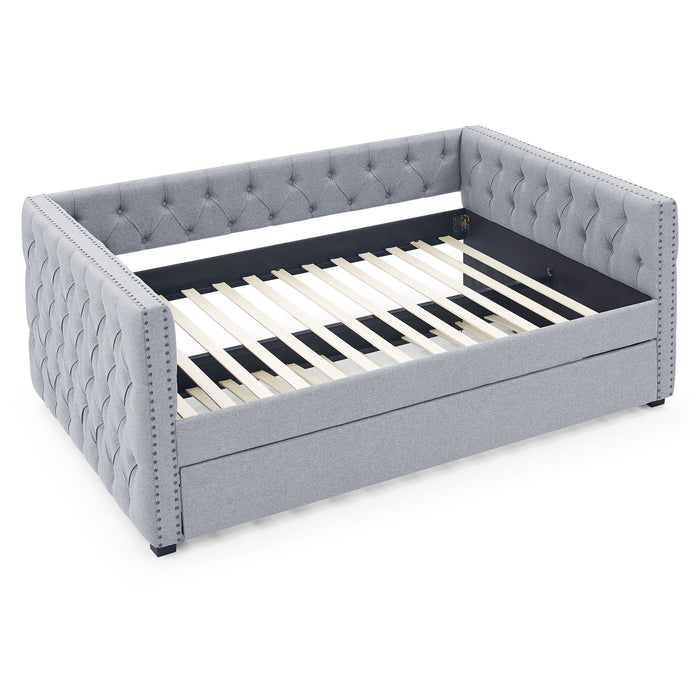 Daybed With Trundle Upholstered Tufted Sofa Bed, With Button And Copper Nail On Square Arms, Full Daybed & Twin Trundle, Gray, 85" x57" x31.5"