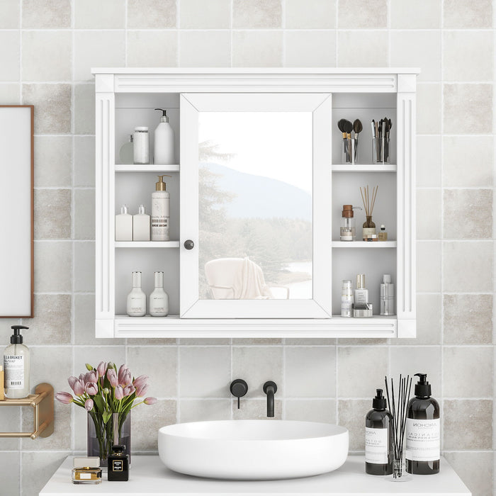 Wall Mounted Bathroom Storage Cabinet, Modern Bathroom Wall Cabinet With Mirror, Mirror Cabinet With 6 Open Shelves (Not Include Bathroom Vanity) - White