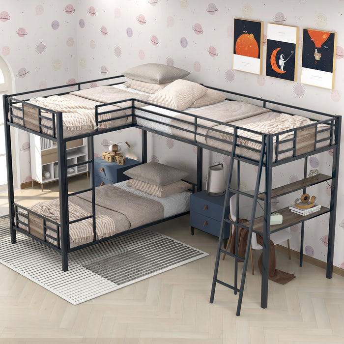 L Shaped Twin Over Twin Bunk Bed With Twin Size Loft Bed With Desk And Shelf, Brown