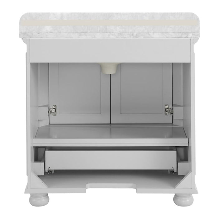 36'' Bathroom Vanity With Carrara Natural Marble Top And Backsplash, Bathroom Storage Cabinet With Doors And Drawers In Gray