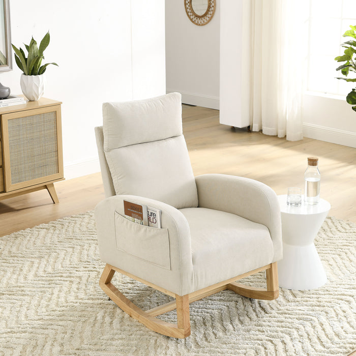 Welike 27.6" W Modern Accent High Backrest Living Room Lounge Arm Rocking Chair, Two Side Pocket - Cream