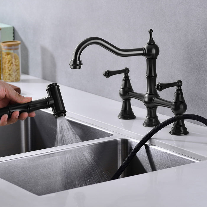 Bridge Dual Handles Kitchen Faucet With Pull Out Side Spray In - Matte Black