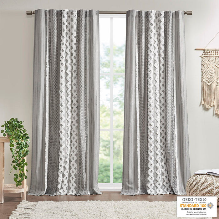Imani Cotton Printed Curtain Panel With Chenille Stripe, Lining - Gray