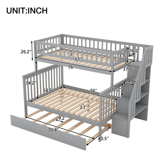 Twin Over Full Bunk Bed With Trundle And Staircase, Gray