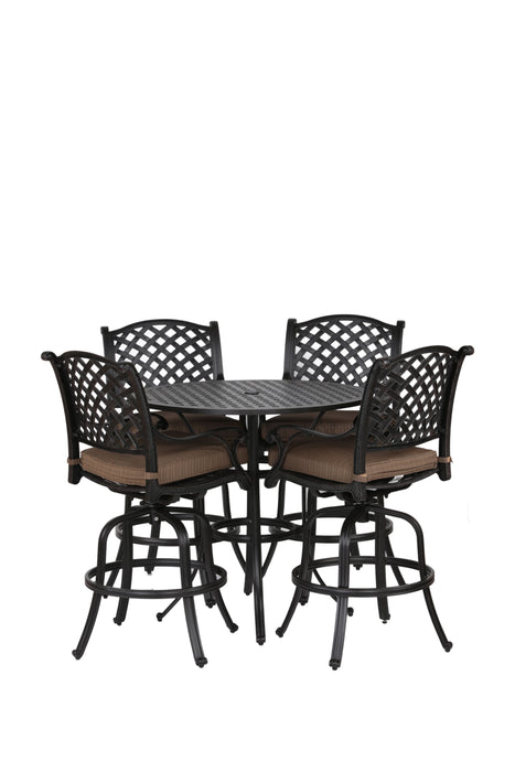 Round 4 Person 42" Long Aluminum Bar Height Dining Set With Cushions, Dupione Brown