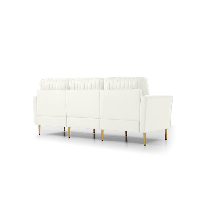 Contemporary Velvet Upholstered 3 Seater Sofa With Deep Channel Tufting And Gold Metal Legs - Cream