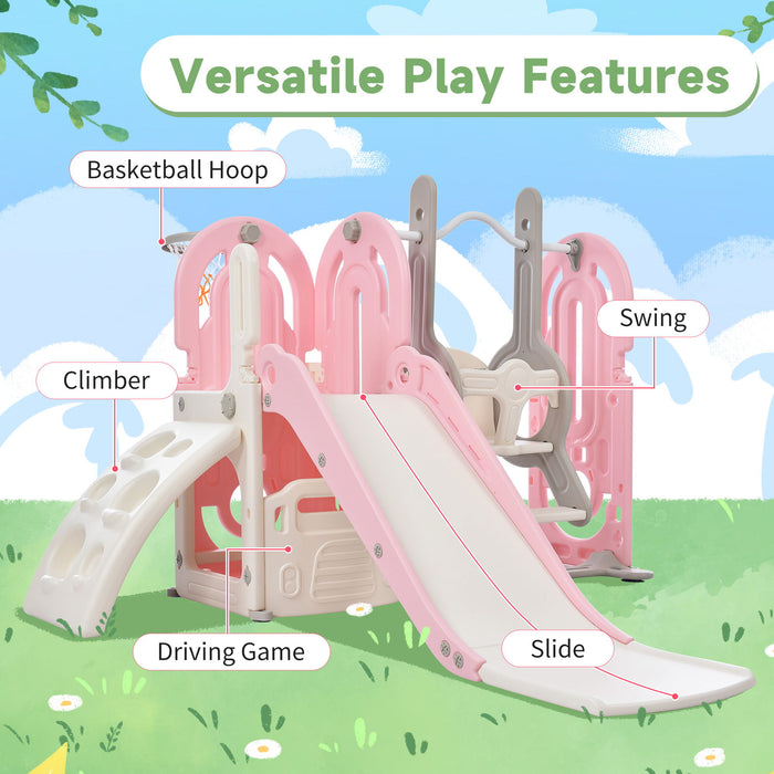 Toddler Slide And Swing Set 5 In 1, Kids Playground Climber Slide Play Set With Basketball Hoop Freestanding Combination For Babies Indoor & Outdoor - Pink