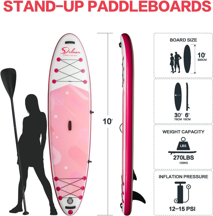 Inflatable Stand Up Paddle Board Simple Deluxe Premium Sup For All Skill Levels, Pink Paddle Boards For Adults & Youth, Blow Up Stand-Up Paddleboards With Accessories & Backpack, Surf Control