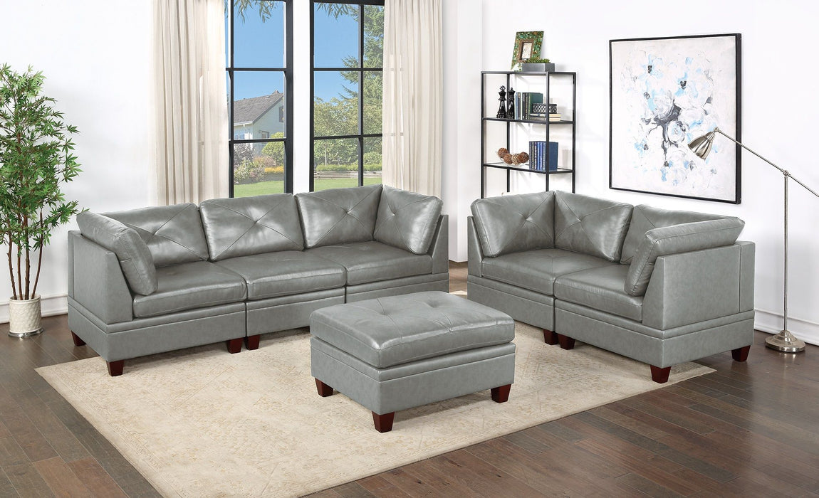 Genuine Leather Gray Color Tufted 6 Pieces Modular Sofa Set 4 Corner Wedge 1 Armless Chair 1 Ottomans Living Room Furniture Sofa Couch