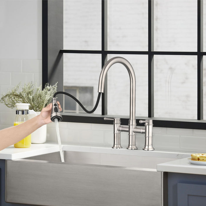 Double Handle Bridge Kitchen Faucet With Pull-Down Spray Head - Silver
