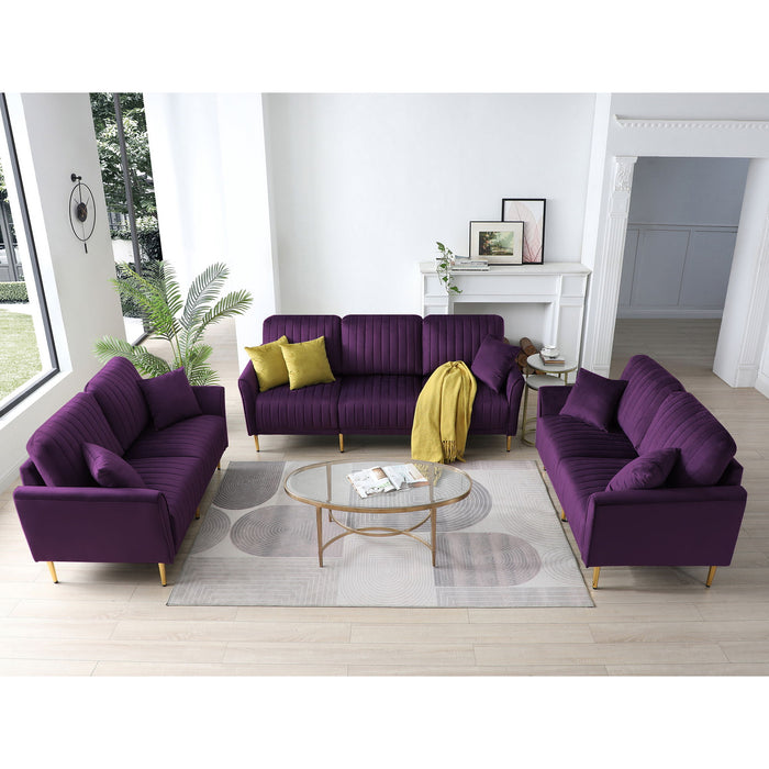 3 Piece Sectional Sofa Set, Modern Velvet Upholstered Sofa Couch With Sturdy Metel Legs For Living Room, Apartment, 3-Seater Sofa & 2 Piece Loveseat Sofa, Purple