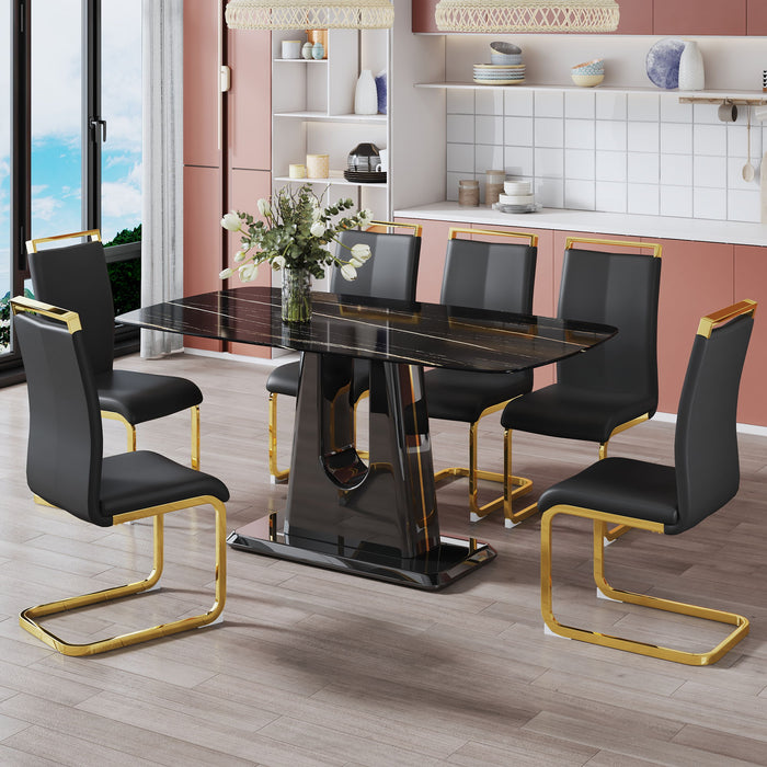 1 Table And 6 Chairs Modern, Simple And Luxurious Black Imitation Marble Rectangular Dining Table And Desk With 6 Black PU Gold Plated Leg Chairs