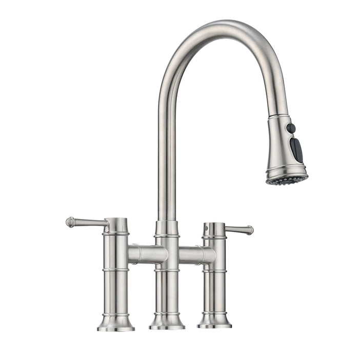 Double Handle Bridge Kitchen Faucet With Pull-Down Spray Head - Silver