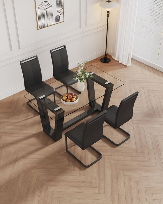 Table And Chair Set, 1 Table With 4 Black Chairs. 0.4" Tempered Glass Desktop And Black MDF, PU Artificial Leather High Backrest Cushion Side Chair, C - Shaped Tube Black Coated Metal Legs