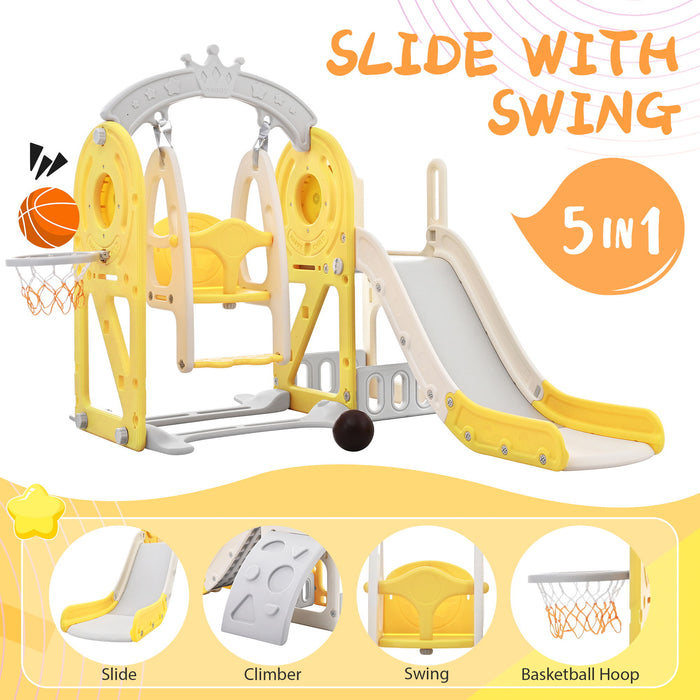 Toddler Slide And Swing Set 5 In 1, Kids Playground Climber Slide Playset With Basketball Hoop Freestanding Combination For Babies Indoor & Outdoor - Yellow