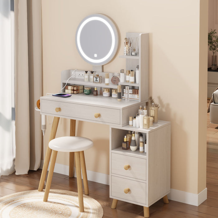 Round Mirror Bedside Cabinet Vanity Table / Cushioned Stool, With 2 AC Power / 2 USB Socket, LED Mirror, Touch Control, 3-Color, Brightness Adjustable, Large Desktop, Multi-Layer Storage