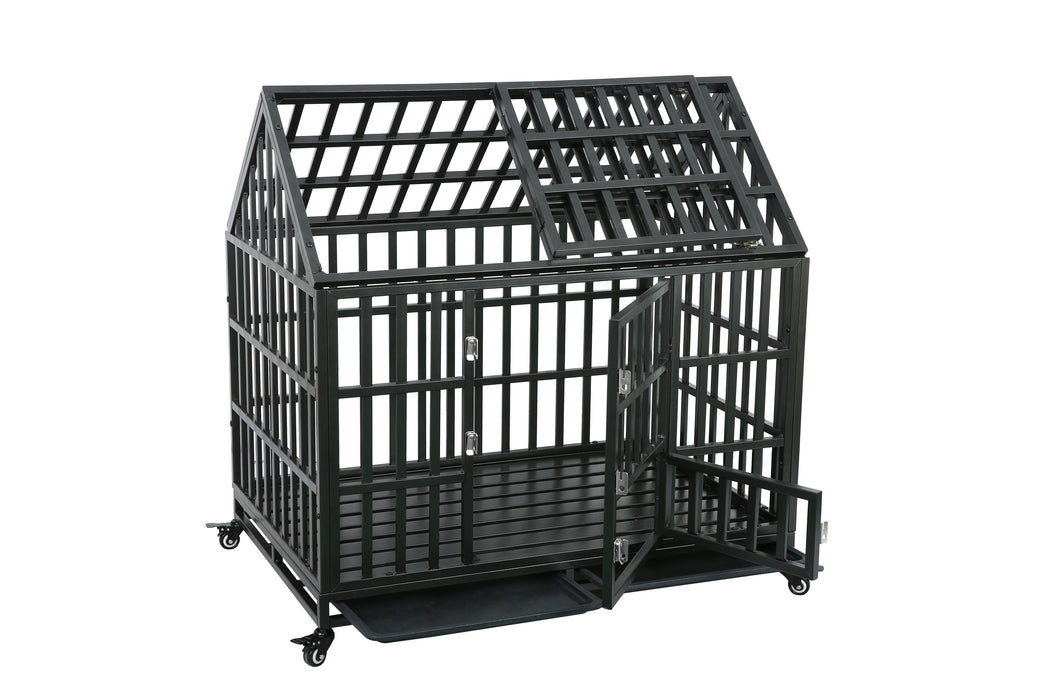 Heavy Duty Dog Cage, Pet Crate With Roof - Black