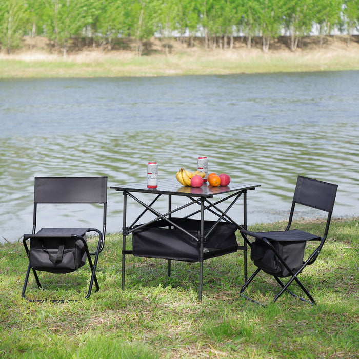 (Set of 3) Folding Outdoor Table And Chairs Set - Black / Gray