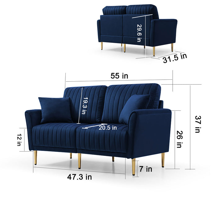 3 Piece Velvet Living Room Sofa Sets, 2 Piece Accent Chair And One 2 Seat Sofa For Small Living Space - Navy Blue