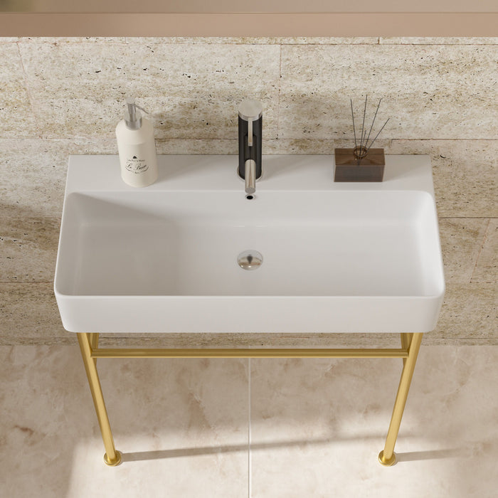 32" Bathroom Console Sink With Overflow, Ceramic Console Sink White Basin Gold Legs