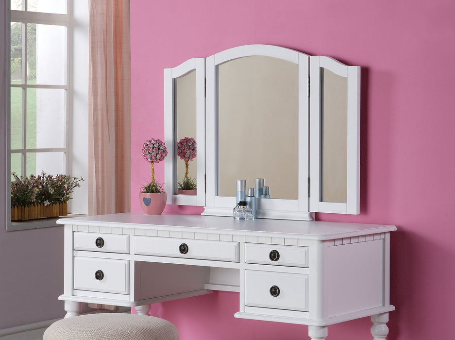 Bedroom Contemporary Vanity Set Foldable Mirror Stool Drawers White Color