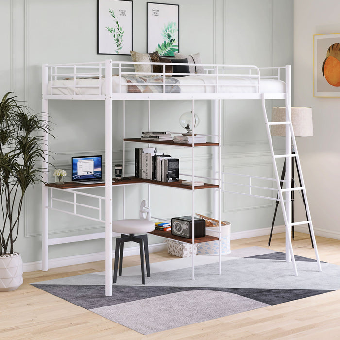 Twin Size Metal Loft Bed And Built In Desk And Shelves, White