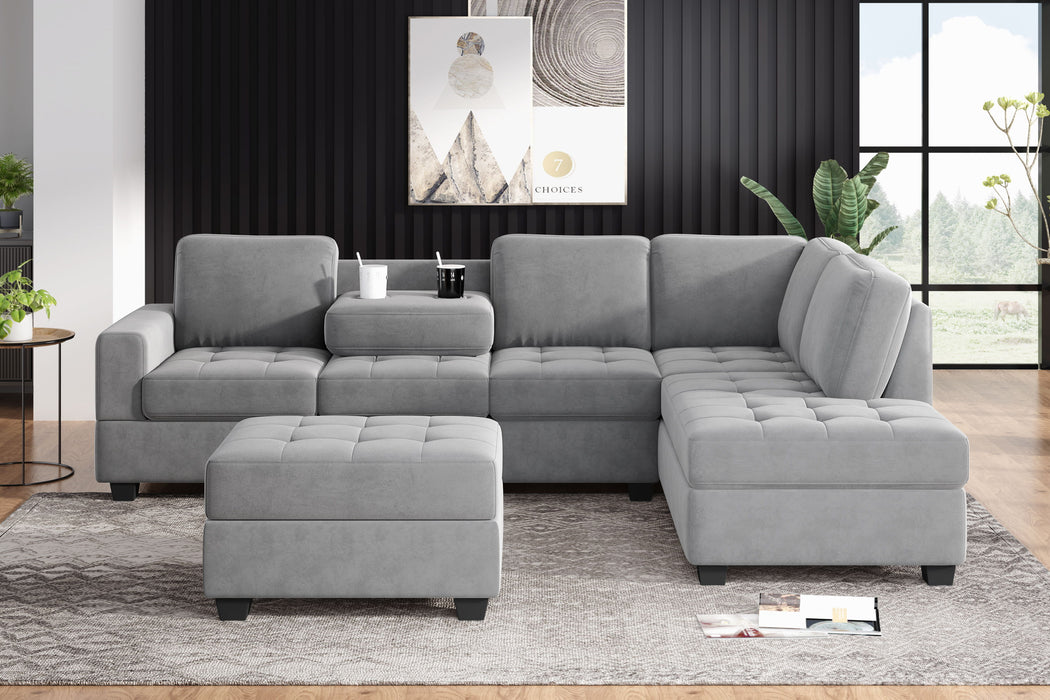 Orisfur. Modern Sectional Sofa With Reversible Chaise, Shaped Couch Set With Storage Ottoman And Two Cup Holders