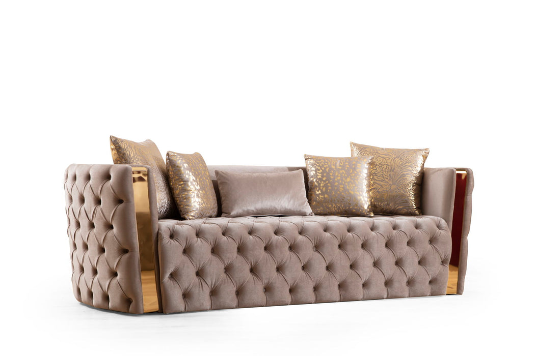 Naomi Button Tufted Sofa With Velvet Fabric And Gold Accent In Off White